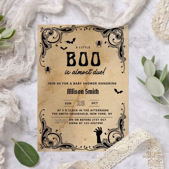 Halloween Baby Shower Vintage Gothic Little Boo Invitation (halloween baby shower, halloween costume party,a little boo is on the way, little boo is almost due,)