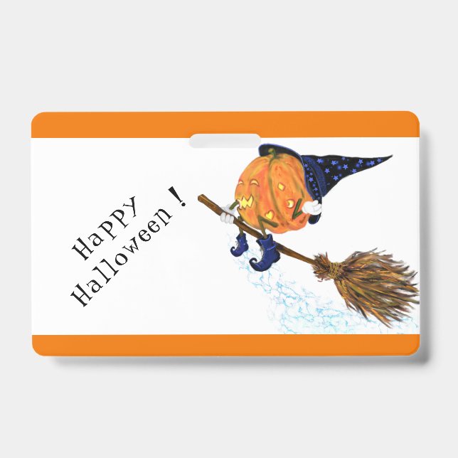 Halloween Badge Witch Pumpkin Flying Broom (Front)