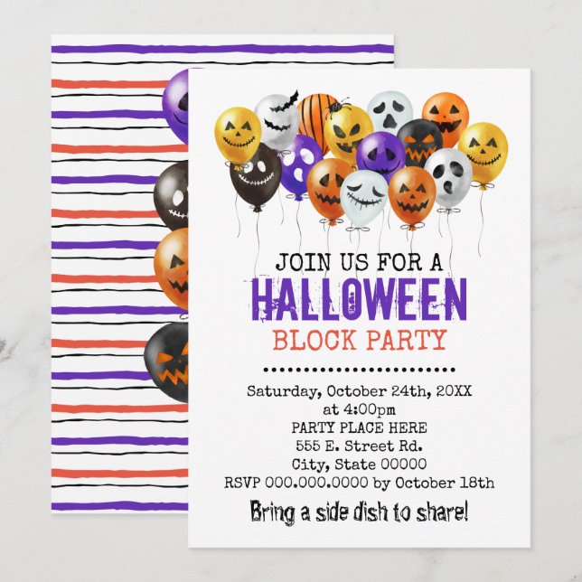 Halloween balloons neighbourhood block party invitation (Front/Back)