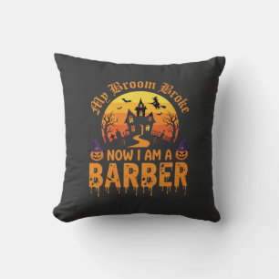Halloween Barber Witch Broom Broke Haunted House D Throw Pillow