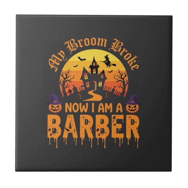 Halloween Barber Witch Broom Broke Haunted House D Tile (Front)