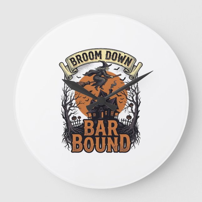 Halloween Bartender Shirt Funny Witch Broom Bar Pu Large Clock (Front)