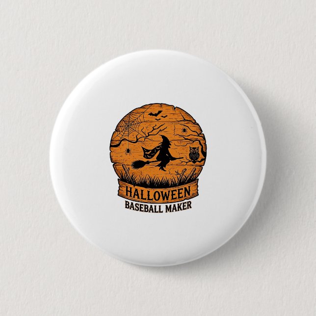Halloween Baseball Maker Flying Witch Wooden Moon  2 Inch Round Button (Front)
