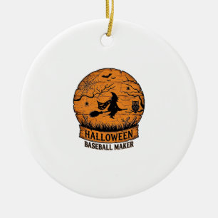 Halloween Baseball Maker Flying Witch Wooden Moon Ceramic Ornament