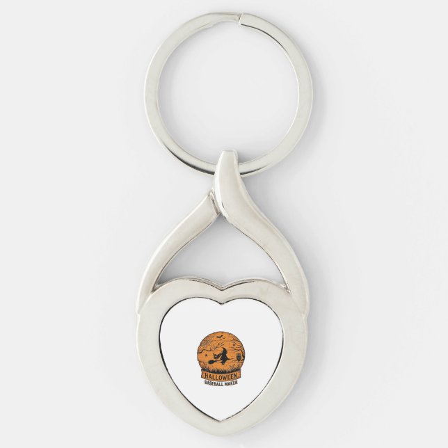Halloween Baseball Maker Flying Witch Wooden Moon  Keychain (Front)