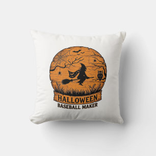 Halloween Baseball Maker Flying Witch Wooden Moon Throw Pillow