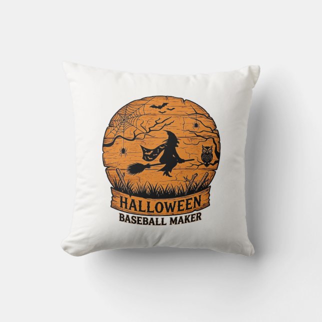 Halloween Baseball Maker Flying Witch Wooden Moon  Throw Pillow (Front)