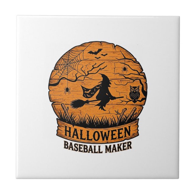 Halloween Baseball Maker Flying Witch Wooden Moon  Tile (Front)