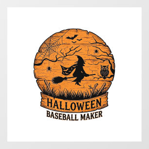 Halloween Baseball Maker Flying Witch Wooden Moon Window Cling