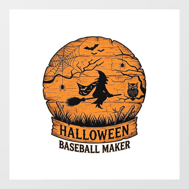 Halloween Baseball Maker Flying Witch Wooden Moon  Window Cling (Sheet)