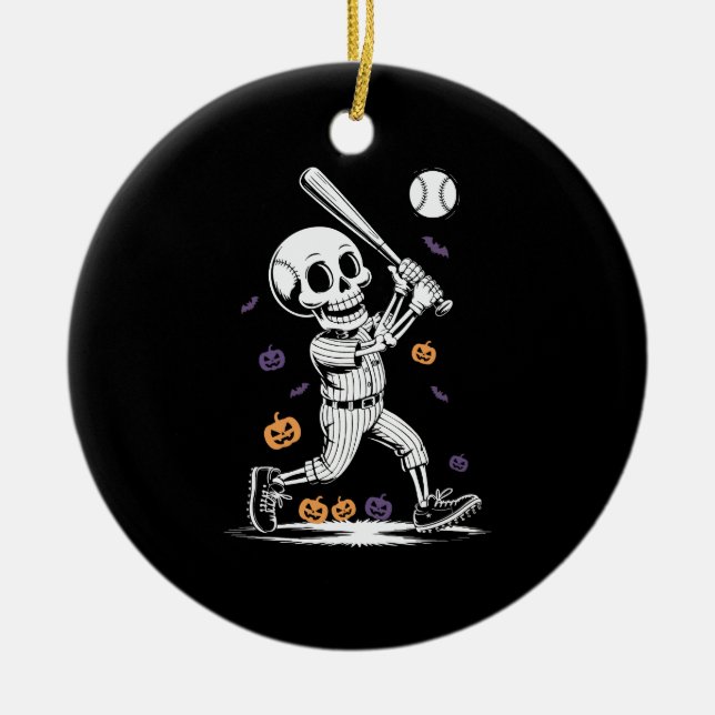 Halloween Baseball Skeleton Hitting Ceramic Ornament (Front)