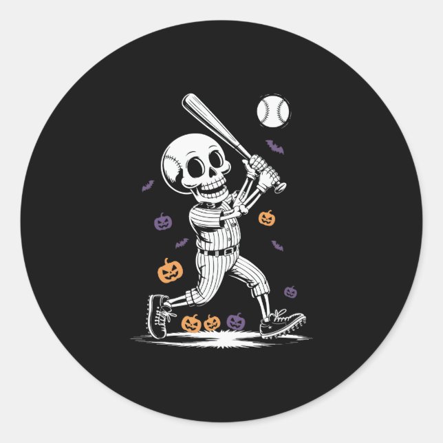Halloween Baseball Skeleton Hitting Classic Round Sticker (Front)