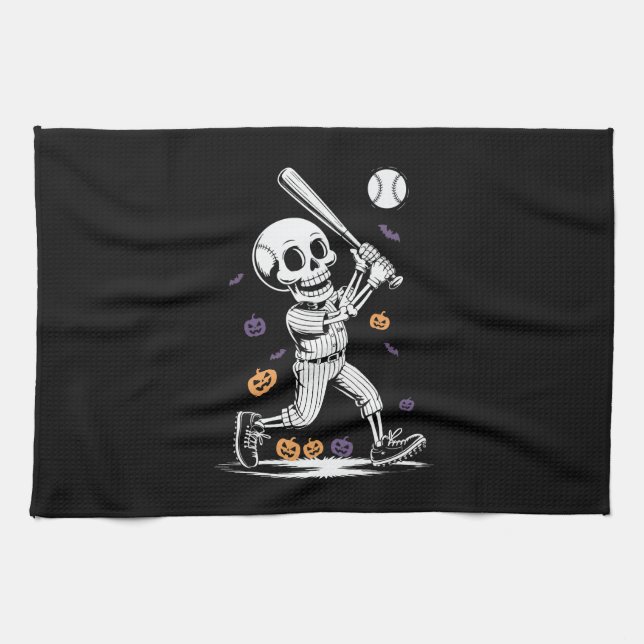 Halloween Baseball Skeleton Hitting Kitchen Towel (Horizontal)