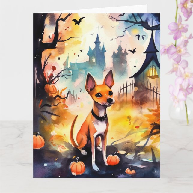 Halloween Basenji With Pumpkins Scary  Card (Orchid)