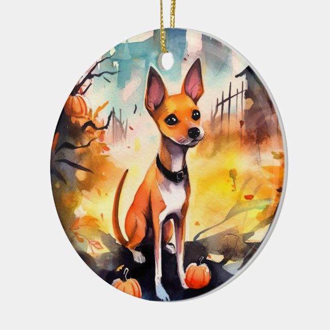 Halloween Basenji With Pumpkins Scary  Ceramic Ornament (Left)