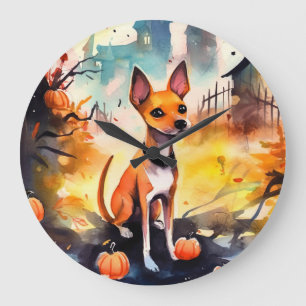 Halloween Basenji With Pumpkins Scary Large Clock