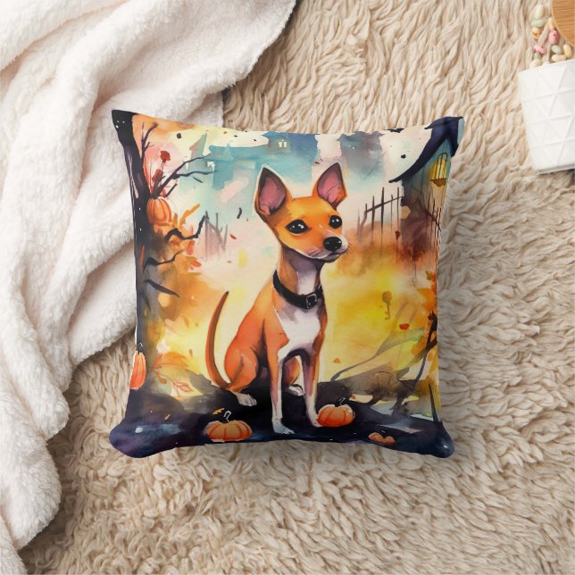 Halloween Basenji With Pumpkins Scary  Throw Pillow (Blanket)