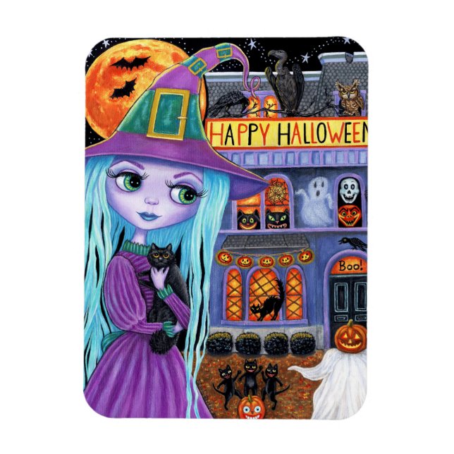 Halloween Bash Black Cat Cute Witch Haunted House  Magnet (Vertical)