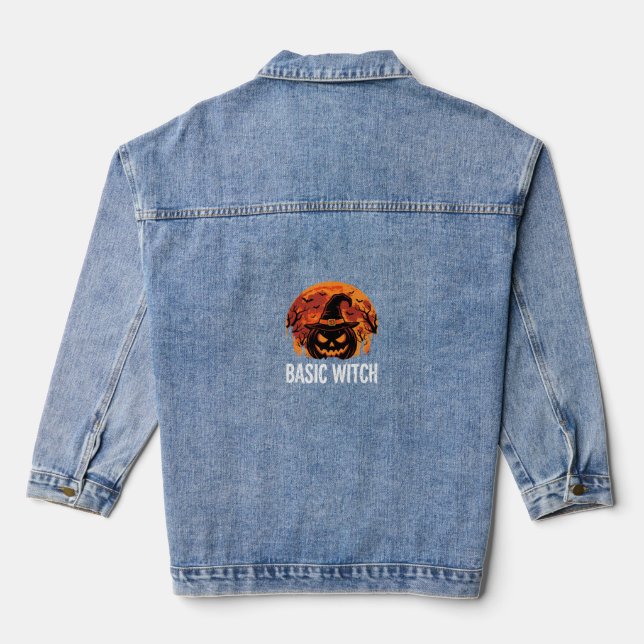 Halloween Basic Witch Pumpkin Moon Graphic Denim Jacket (Back)