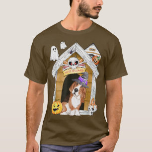 Halloween Basset Hound Dog Witch Haunted House  T-Shirt