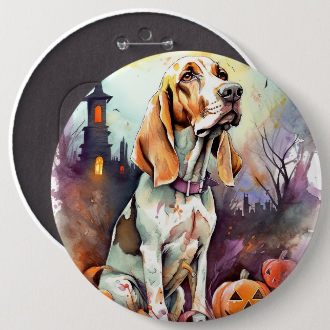 Halloween Basset Hound With Pumpkins Scary 6 Inch Round Button (Front & Back)