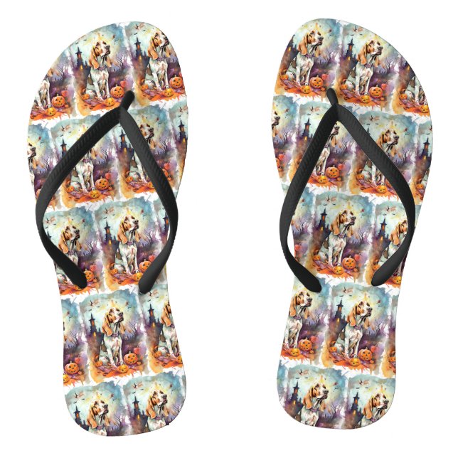 Halloween Basset Hound With Pumpkins Scary Flip Flops (Footbed)