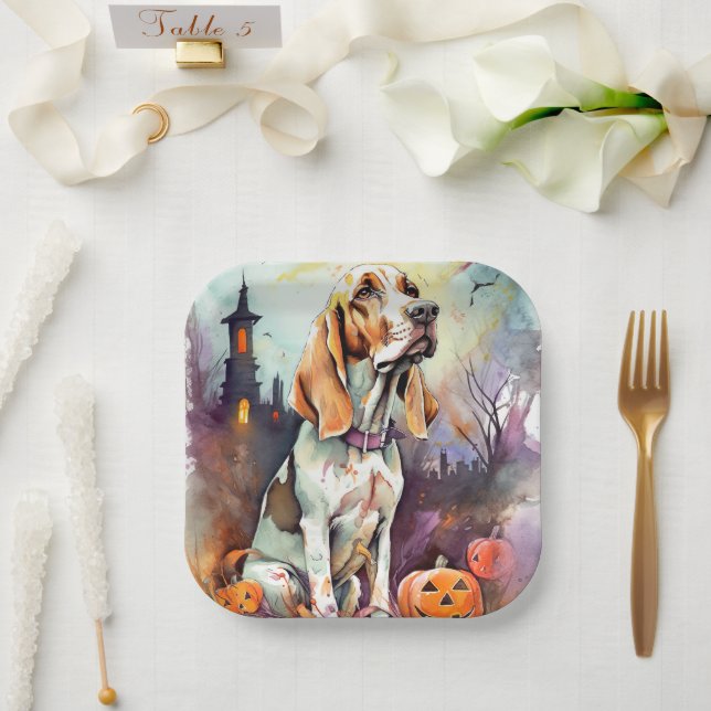Halloween Basset Hound With Pumpkins Scary  Paper Plate (Wedding)