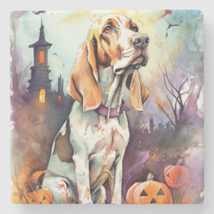 Halloween Basset Hound With Pumpkins Scary Stone Coaster
