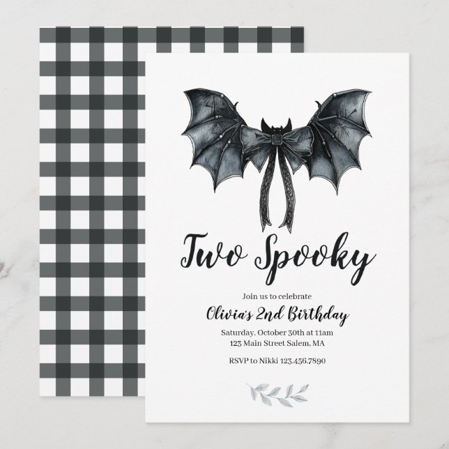Halloween Bat Bow Two Spooky 2nd Birthday Invitation (Front/Back)