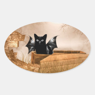 Halloween bat cat oval sticker