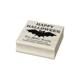 Halloween Bat Custom Name Wood Return Address Rubber Stamp