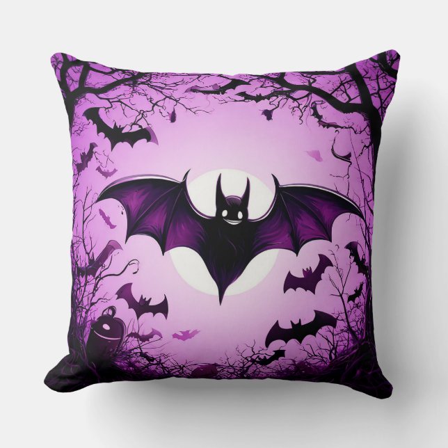 Halloween Bat Flying Over Moonlit Sky Throw Pillow (Front)