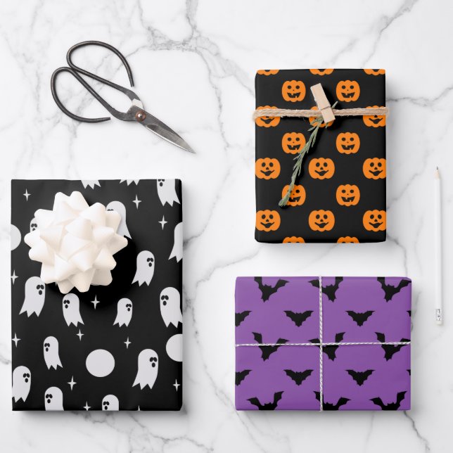 halloween bat ghost pumpkin wrapping paper sheet (Front)