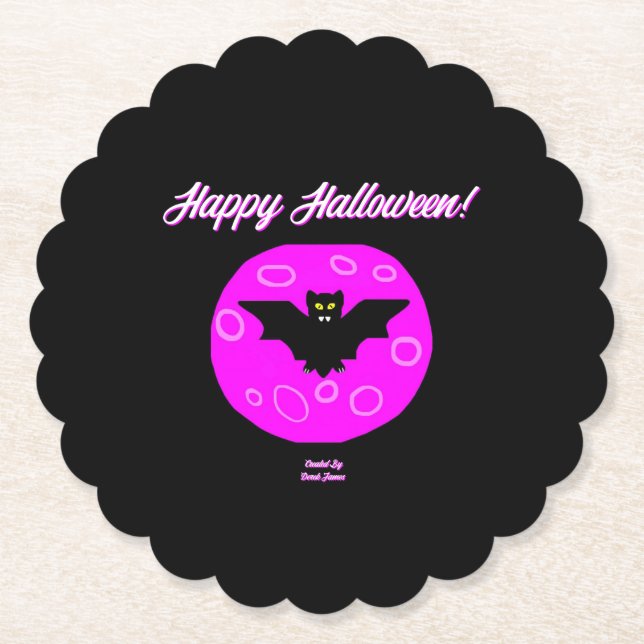 Halloween Bat Scalloped Round Paper Coaster (Front)