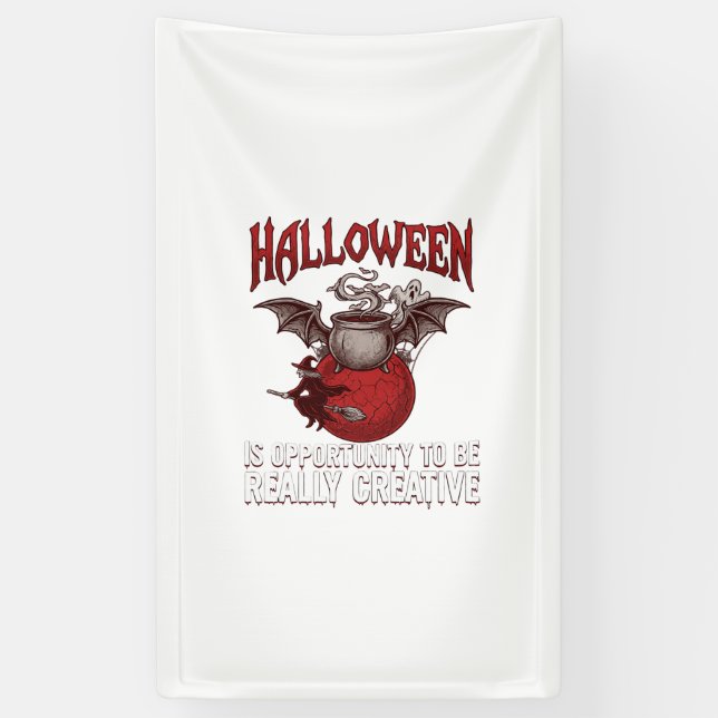 Halloween Bat Winged Cauldron Flying Witch Ghost Banner (Vertical)