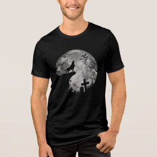 Halloween Bats and Wolf Howling Moon Tri-Blend Shirt