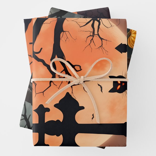 Halloween Bats Black Cat Purple, Orange Pumpkin Wrapping Paper Sheet (In situ)