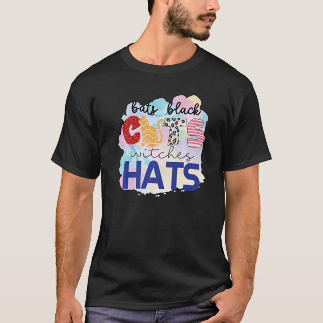 Halloween Bats Black Cats Witches Hats Cat Mom T-Shirt (Front)