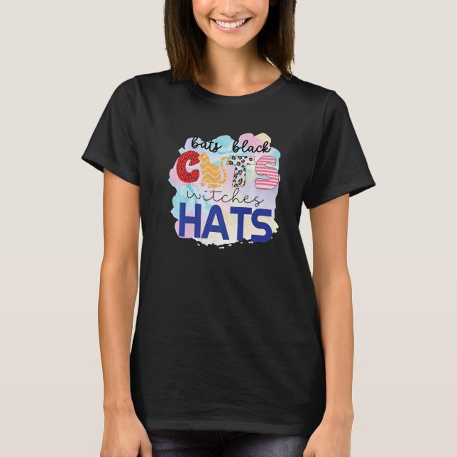 Halloween Bats Black Cats Witches Hats Cat Mom T-Shirt (Front)