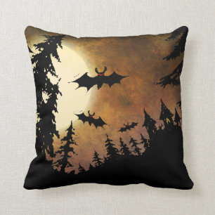Halloween Bats, Castle and Moon Throw Pillow