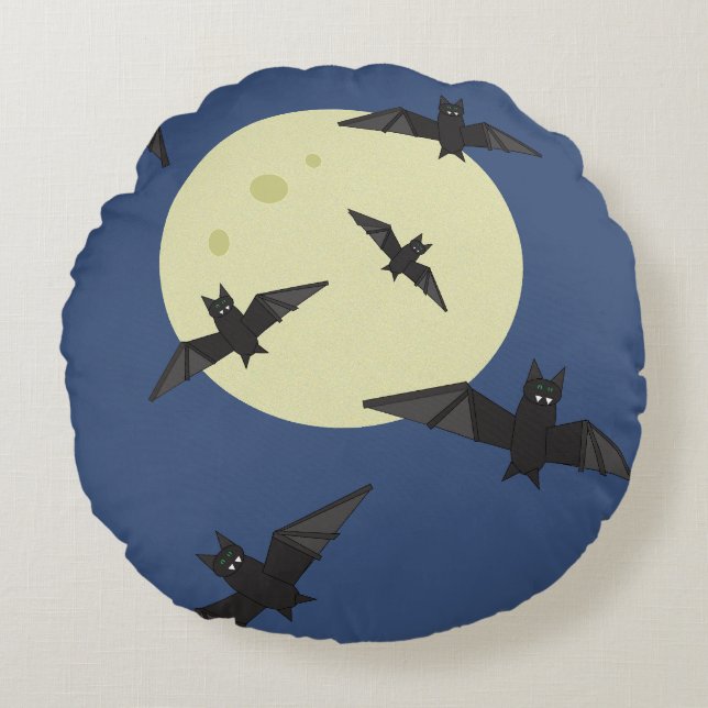 Halloween Bats flying with moon Round Pillow (Front)