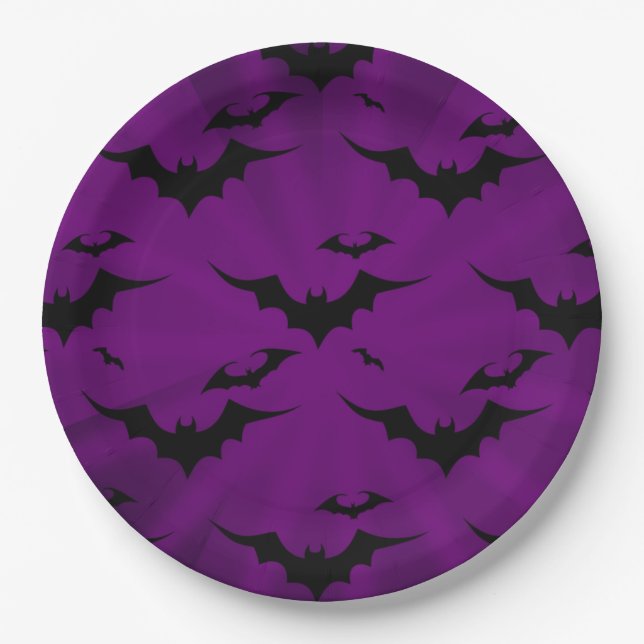 Halloween Bats on Purple Background Paper Plate (Front)
