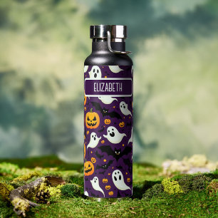 Halloween Bats Pumpkin Boo Pattern Purple Name Water Bottle