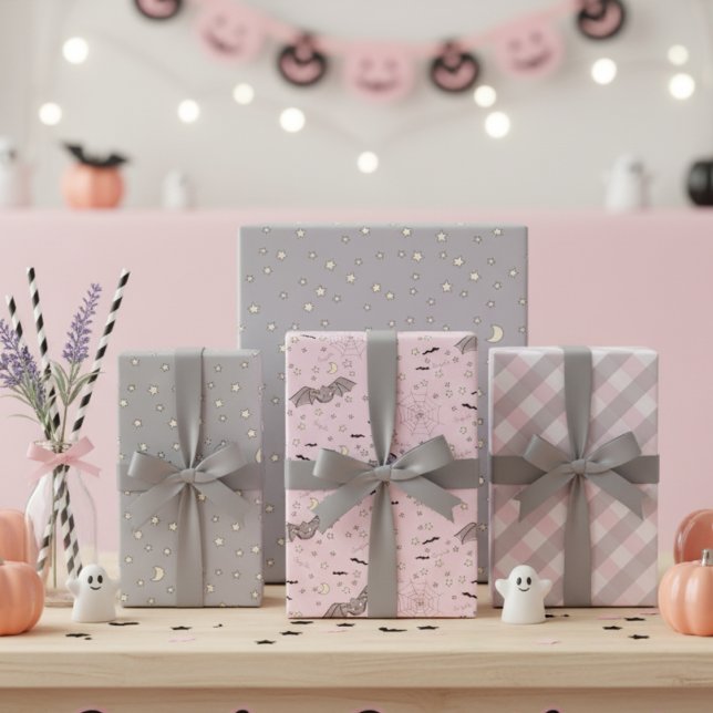 Halloween Bats, Stars & Gingham Kids Wrapping Paper Sheet (Cute Bats Halloween Kids Gift Wrap for Baby Girl. Baby Bats, Stars, Pink and Gray Gingham Pattern )