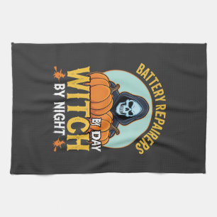 Halloween Battery Repairer Witch By Night Design Kitchen Towel