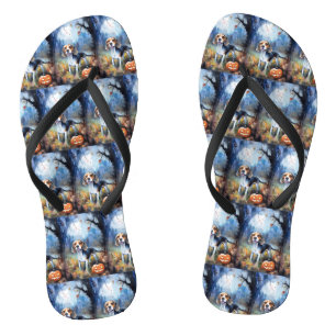 Halloween Beagle With Pumpkins Scary Flip Flops