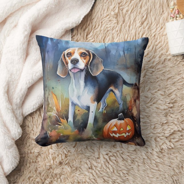 Halloween Beagle With Pumpkins Scary Throw Pillow (Blanket)