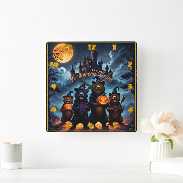 Halloween bear gathering in a spooky forest square wall clock (Home)