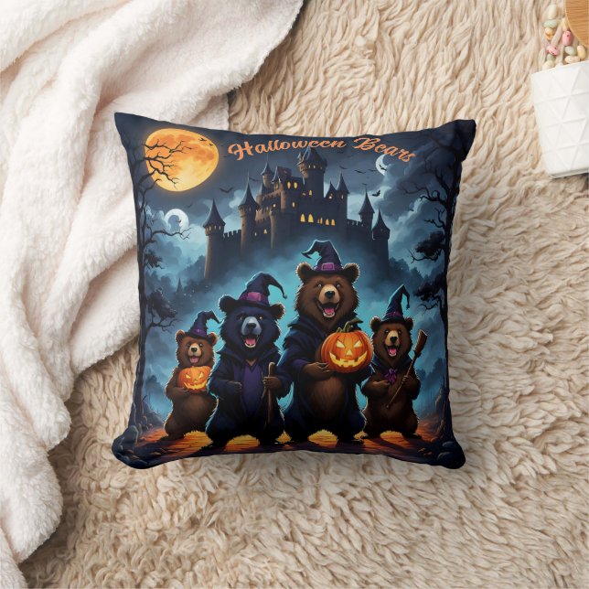 Halloween bear gathering in a spooky forest throw pillow (Blanket)