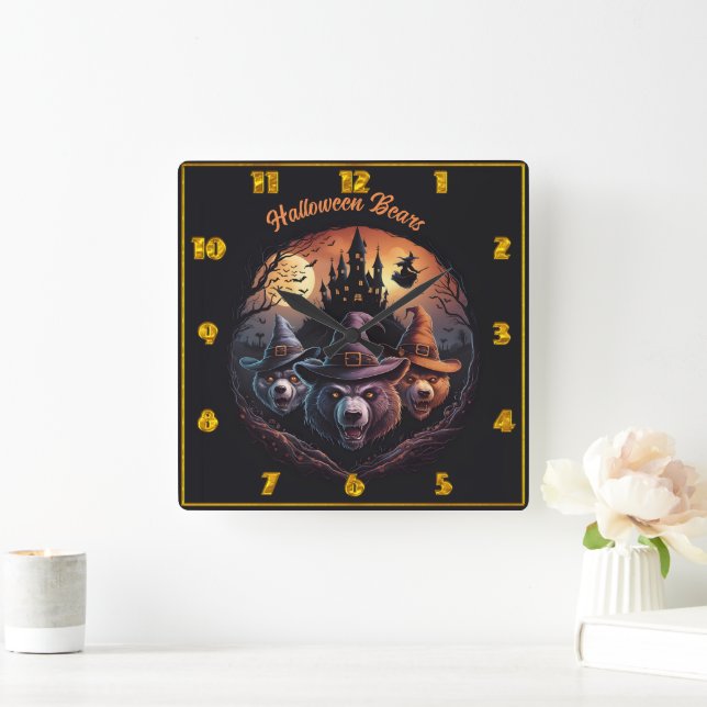 Halloween bears cast spells under a spooky moon square wall clock (Home)